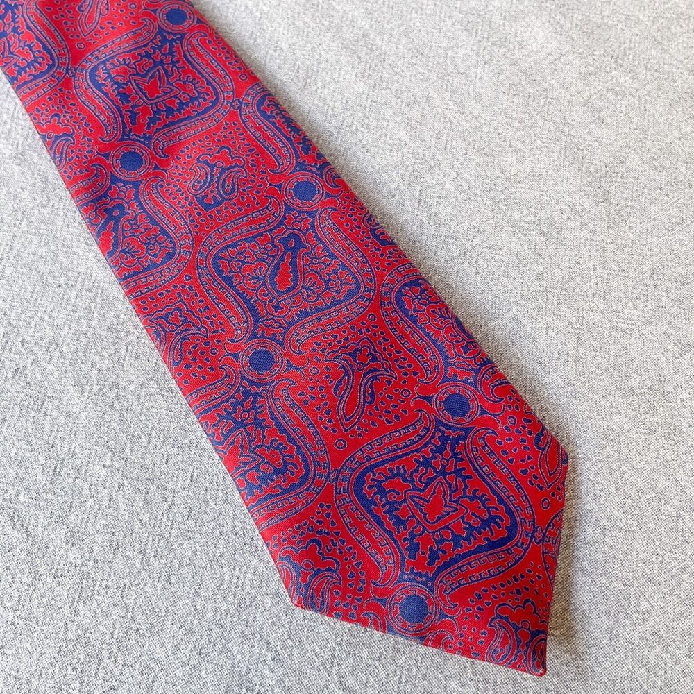 Vintage Thai Silk Tie Red Blue Paisley Slim 80s Necktie Mens